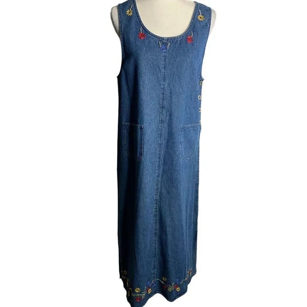 Vintage Embroidered Denim Pinafore Dress L Petite Med Wash Maxi Buttons Pockets